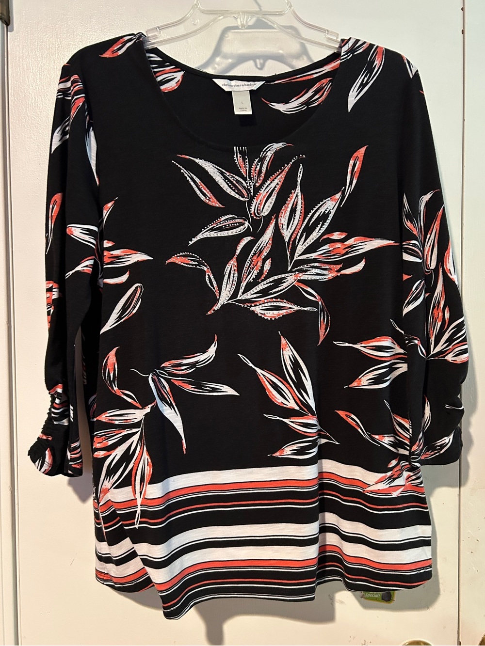 Black Floral-Striped Scoop Neck Long Sleeve Top